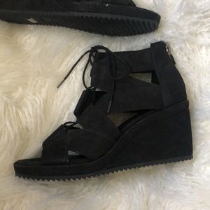 Eileen Fisher Black Wedge Cage Lace Up Open Toe Sandals